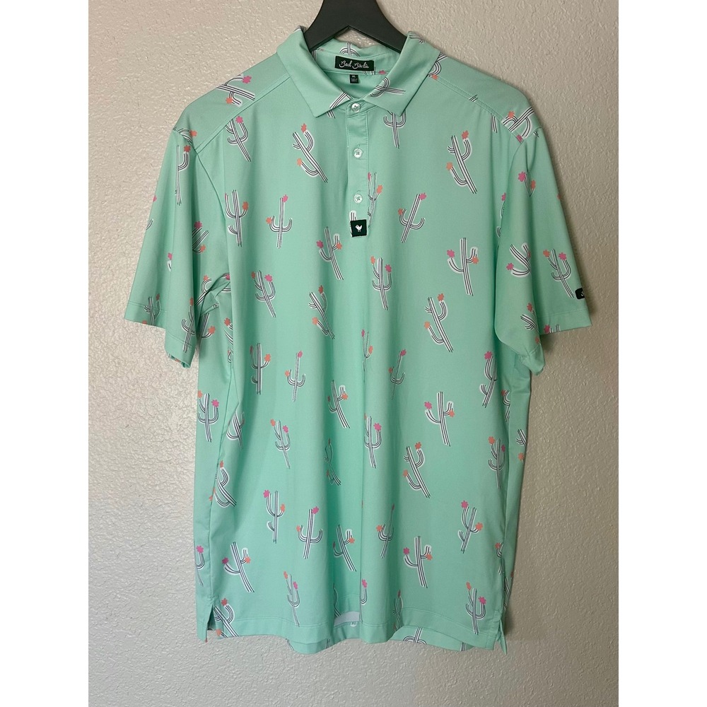 Bad Birdie Mens XL Mint Green Cactus Print‎ Golf Polo Shirt Short Sleeve Stretch